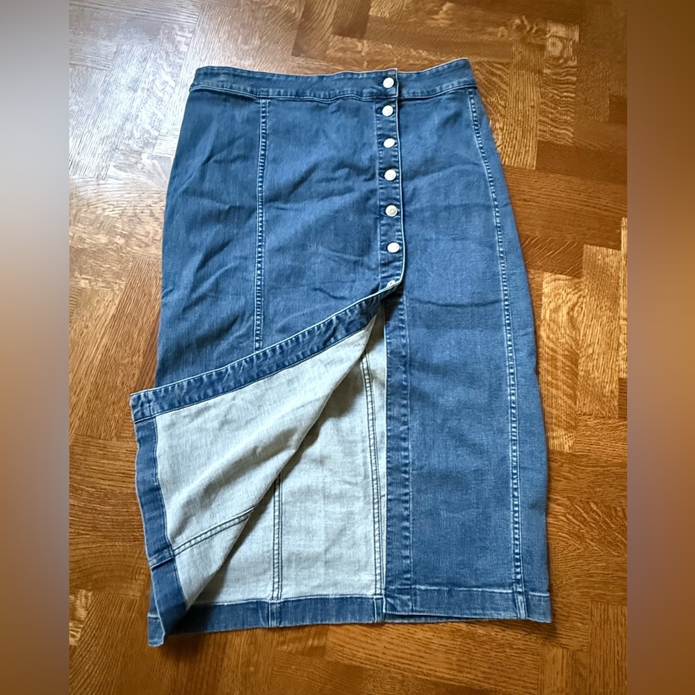 MADEWELL Stretch Denim Side Button Midi Skirt Comfy Fall Blue Jean Retro Y2K 33 - Picture 2 of 6